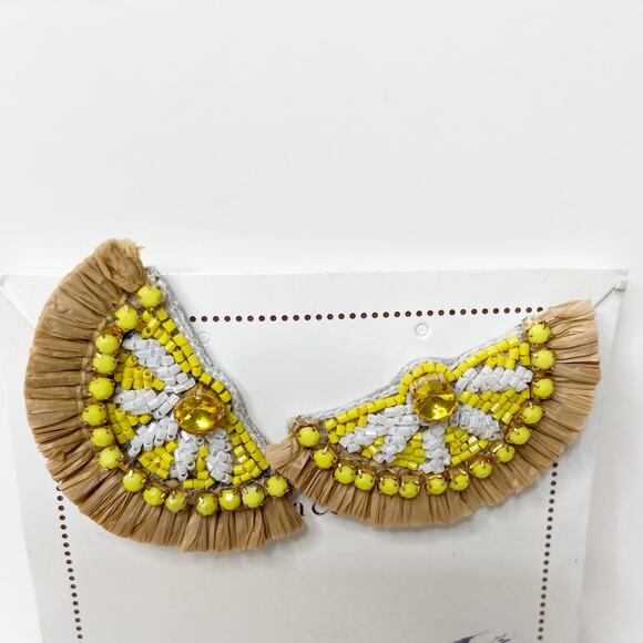 Half Circle Beaded Tassel Fringe Dangle Earrings IRaffia White Yellow - Picture 2 of 7